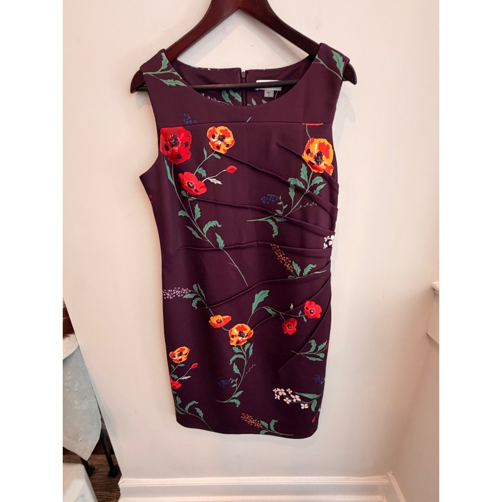 Calvin Klein Floral Sheath Dress Plum‎ Scuba Knit Sleeveless Size 14 NWT
